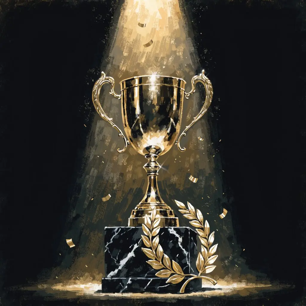 Painted gold championship trophy under a spotlight